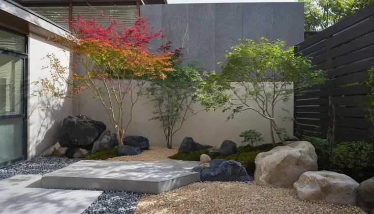 quantum lcd,garden,zen melon garden，no humans,tree,landscape,outdoor,sky,stairs,plant,fence,this picture shows a modern courtyar...