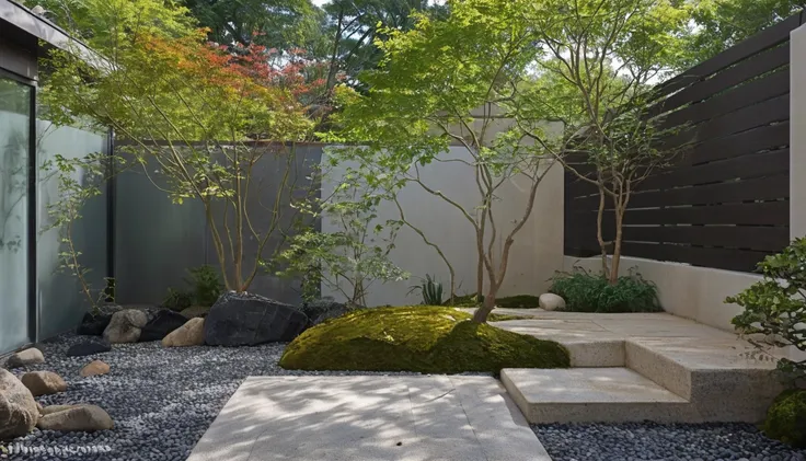 quantum lcd,garden,zen melon garden，no humans,tree,landscape,outdoor,sky,stairs,plant,fence,this picture shows a modern courtyar...