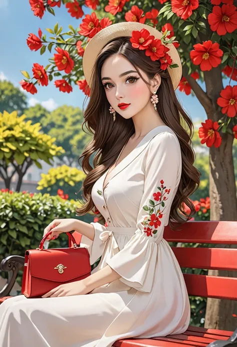 1girl solo long hair breasts looking at viewer brunette headgear dress brown eyes jewelry sitting upper body string flower earrings outdoors hair flower bag tree leaves handbag red lips bench