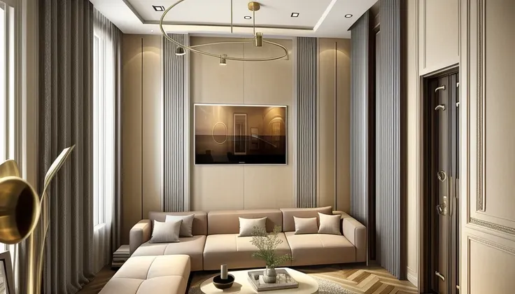 parisian-style livingroom, 1 television on the wall:1.3, a brown wooden floor, cream-colored curtains, a white door, and super sharp photos that exude elegance.