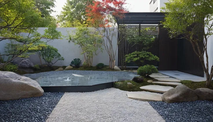 quantum lcd,garden,zen melon garden，no humans,tree,landscape,outdoor,sky,stairs,plant,fence,this picture shows a modern courtyar...