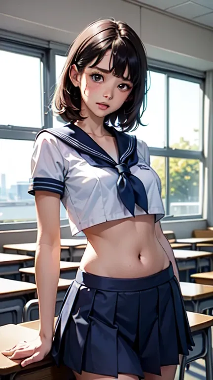 women in classroom, ((sailor outfit, white crop top)), blue school skirt, open the navel, open belly, (showing the abdominal are...