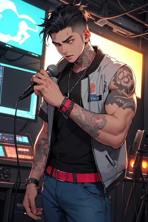 ((Best Quality)) ((HD quality)), ((Masterpiece)), (detailed), ((without errors)), ((no duplicate limbs))
Create a 32-year-old Korean man who was a K-pop singer, Now he is a rapper living in Argentina, He is short with a slim build, White skin, sweet and cl...