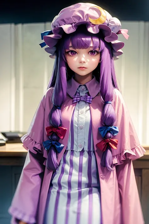 masterpiece, best quality,1girl,solo,patchouli knowledge, purple hair,purple eyes,grey background,