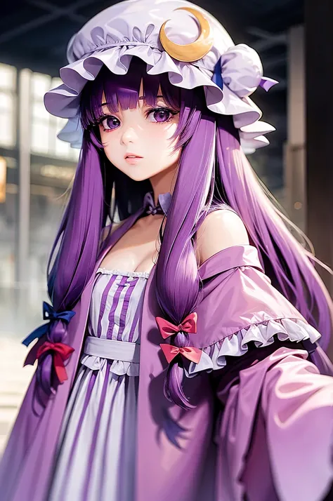 masterpiece, best quality,1girl,solo,patchouli knowledge, purple hair,purple eyes,grey background,