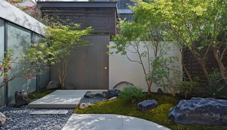 quantum lcd,garden,zen melon garden，no humans,tree,landscape,outdoor,sky,stairs,plant,fence,this picture shows a modern courtyar...