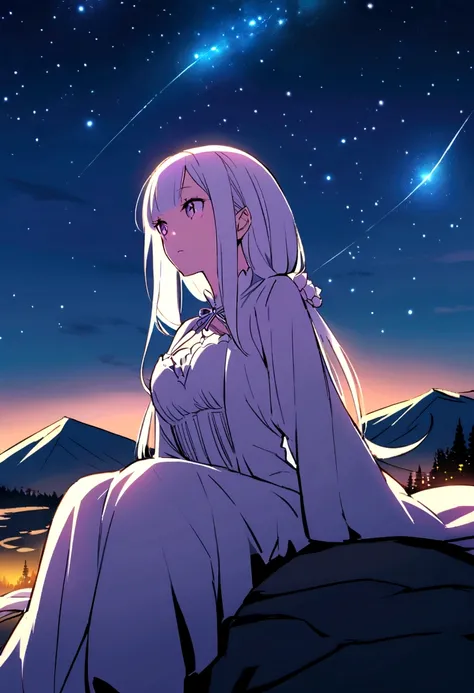 Chill, Landscape, Stars, on the mountain. Girl whos look like Emilia from Re:zero Anime, looking at the sky while shes sitting. Night, Shining.
