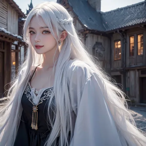 Dark atmosphere,Old European town in the background、White Wolf、 ((Highest quality、masterpiece、8K、Best image quality、Ultra-high resolution、Award-winning works)、(Accurate anatomy:1.1)、(Look at me and smile:1.1)、Shining fair skin with Ultra-high resolution、Th...