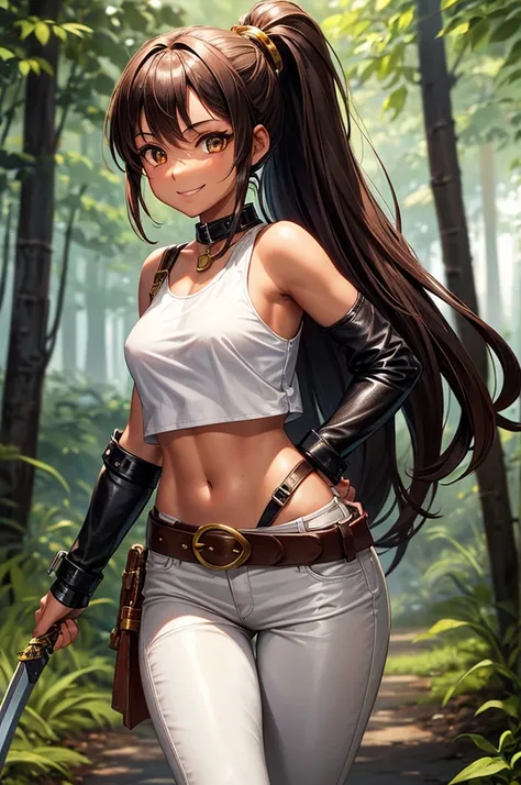 Young girl, tanned skin, short brown ponytail, golden eyes, very small breasts!!!, smiling, leather harness, white sleeveless t-shirt!!!, black fabric pants, leather belt, sword sheathed on right hip, walking on a path land, forest, evening