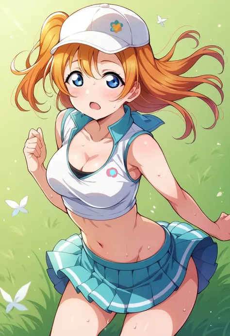 honoka kousaka love live, cowboy shot, blue eyes, orange hair,mini white pleated skirt, tinnies crop top,cap, sweating, cleavage...