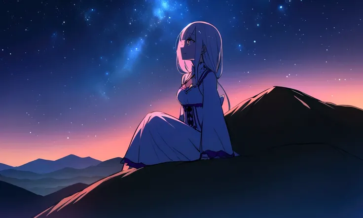 Chill, Landscape, Stars, on the mountain. Girl whos look like Emilia from Re:zero Anime, looking at the sky while shes sitting. Night, Shining.
