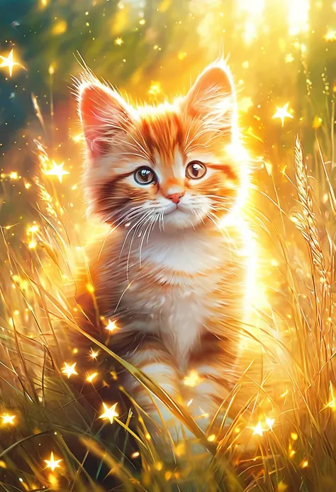  gold light particles effect,Colorful bright sky, cat sitting in a field surrounded by tall grass, pastel painting style, ((airy light effect: 1.5)), bright atmospheric forest image, Star Art Group (Star Star)