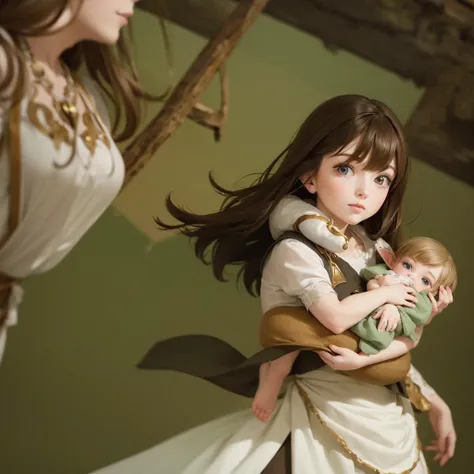 A white woman with brown hair holding a baby elf in her arms