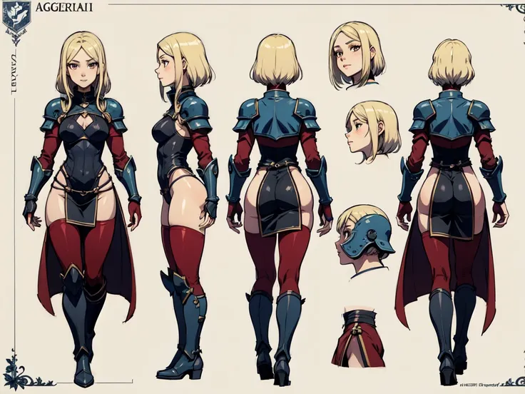 (model sheet front, coast and side), Agrias, loose short blonde hair, brown eyes, Simple armor,armor boots,highleg collant white,legging white,wide hips, lighting, ice, fantasy,