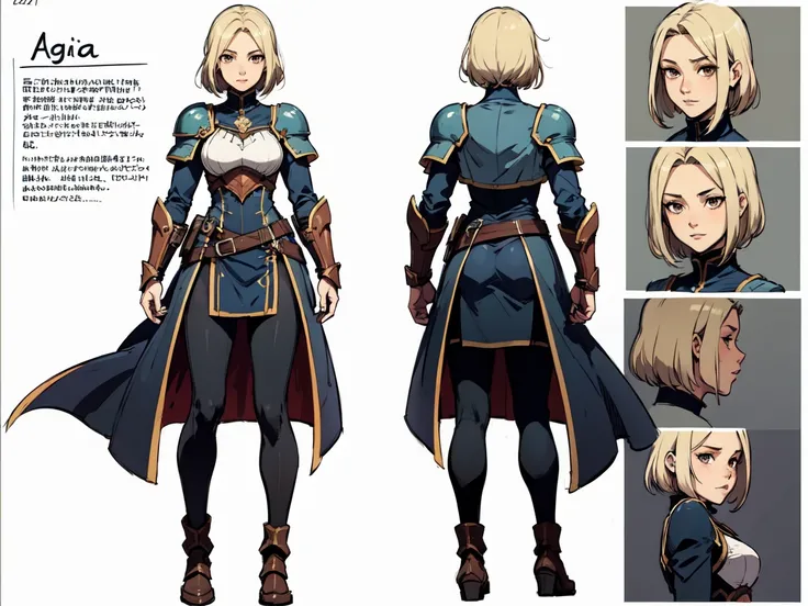 (model sheet front, coast and side), Agrias, loose short blonde hair, brown eyes, Simple armor,armor boots,highleg collant white,legging white,wide hips, lighting, ice, fantasy,