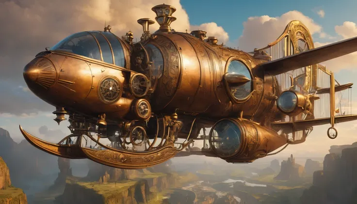 (Surrealism:1.3), big (Steampunk aircraft with a rich animal-inspired design) (Similar to Noah&#39;s Ark:1.4), (Animals carved on the sides), (In the vast romantic clouds), Breathtakingly beautiful, sunrise, Vibrant colors