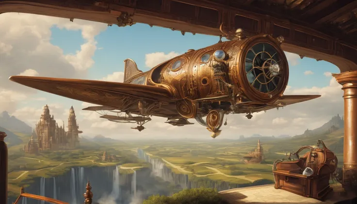 (Surrealism:1.3), big (Steampunk aircraft with a rich animal-inspired design) (Similar to Noah&#39;s Ark:1.4), (Animals carved on the sides), (In the vast romantic clouds), Breathtakingly beautiful, sunrise, Vibrant colors