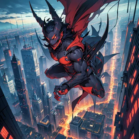 Anime, strange demons with multiple limbs, Dark surroundings, city, View from the sky