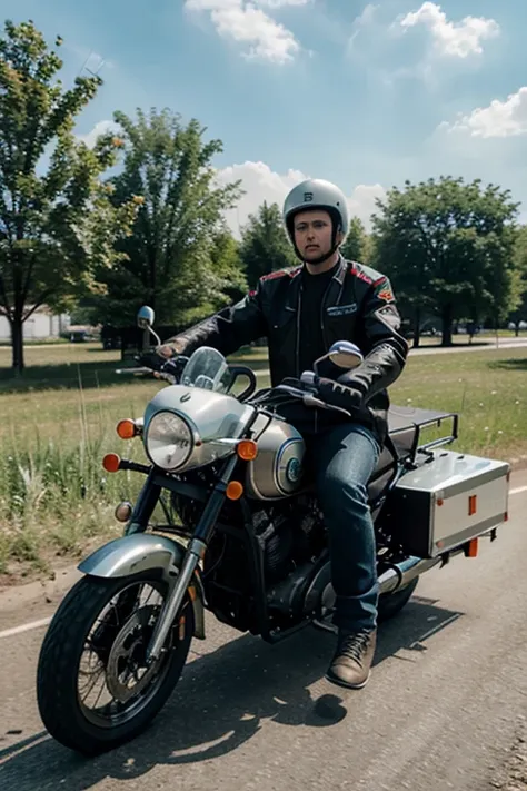 Ukrainian on a motorcycle with a side trailer, motorcycle dnepr,