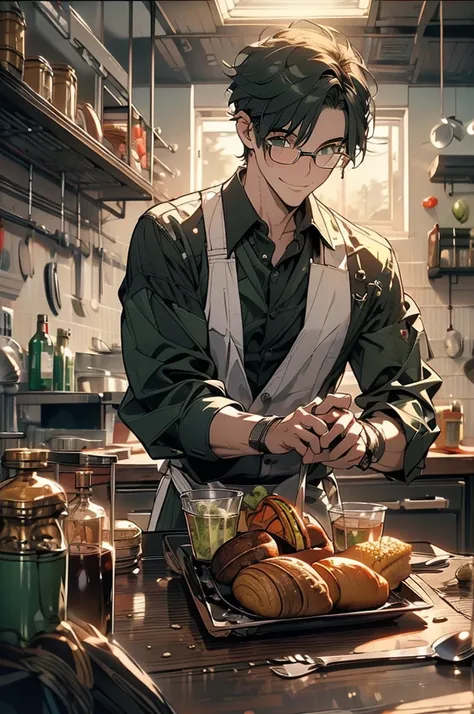 (masterpiece, highest quality, best quality, highest detailed, perfect face) 1 male, adult, muscular, broad man, long green hair, green eyes, (Clothes: glasses, black undershirt, kitchen accessories, apron) in a fast food kitchen, cooking, lots of food, le...