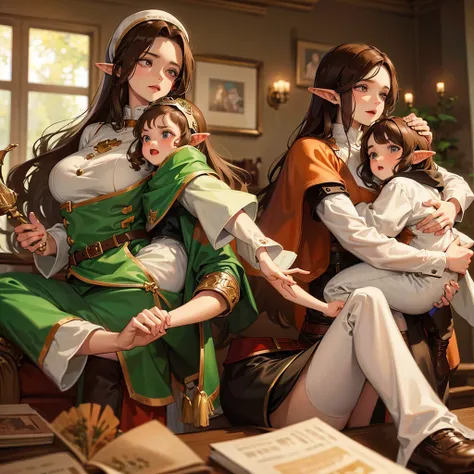 A white woman with brown hair holding an elf baby in her arms and in front of an angry elf man with black hair.