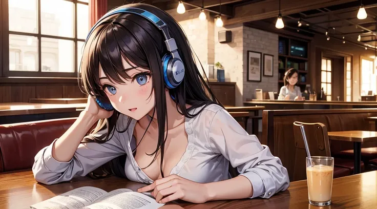 Girl with headphones enjoying music in a cafe　I am studying　Emphasize a little bit of the chest