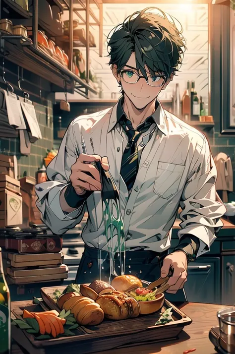 (masterpiece, highest quality, best quality, highest detailed, perfect face) 1 male, adult, muscular, broad man, long green hair, green eyes, (Clothes: glasses, black undershirt, kitchen accessories, apron) in a fast food kitchen, cooking, lots of food, le...