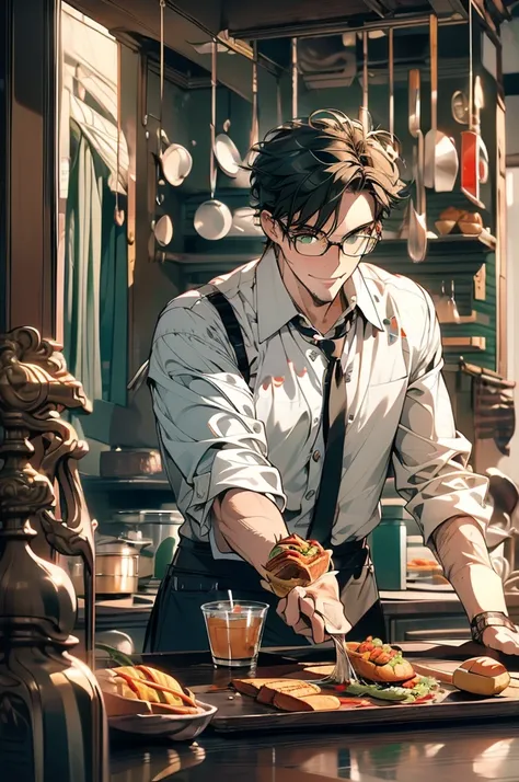 (masterpiece, highest quality, best quality, highest detailed, perfect face) 1 male, adult, muscular, broad man, long green hair, green eyes, (Clothes: glasses, black undershirt, kitchen accessories, apron) in a fast food kitchen, cooking, lots of food, le...