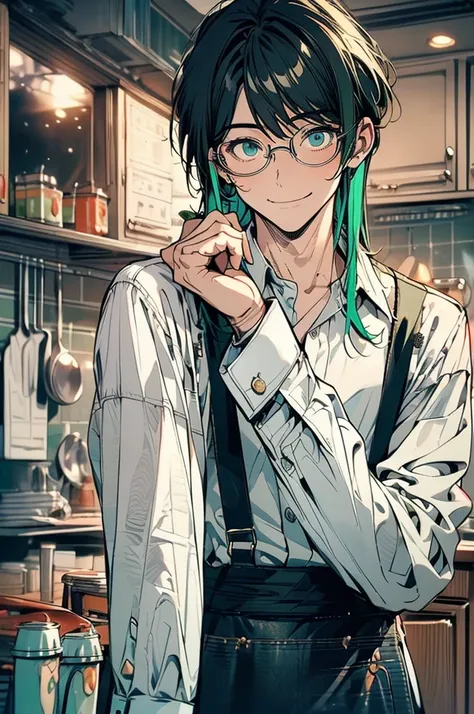 (masterpiece, highest quality, best quality, highest detailed, perfect face) 1 male, adult, muscular, broad man, long green hair, green eyes, (Clothes: glasses, black undershirt, kitchen accessories, apron) in a fast food kitchen, cooking, lots of food, le...