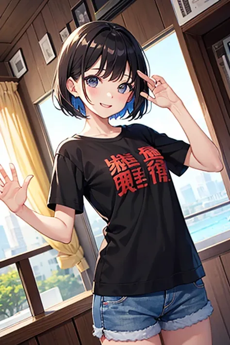 Highest quality、Black Hair、Iris、Short Hair、Girl、cute、16 years old、Casual attire、Bright smile、In town、、Small breasts、Small hair fastening、Wave your hands towards me