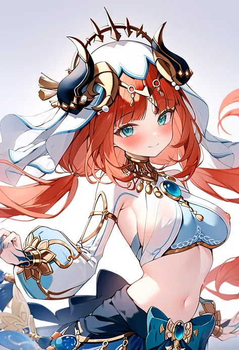 genshin_impact nilou_(genshin_impact) highres 1girl arabian_clothes bare_shoulders blue_eyes blunt_bangs blush breasts fake_horns horns large_breasts long_hair long_sleeves looking_at_viewer low_twintails midriff red_hair revealing_clothes simple_backgroun...