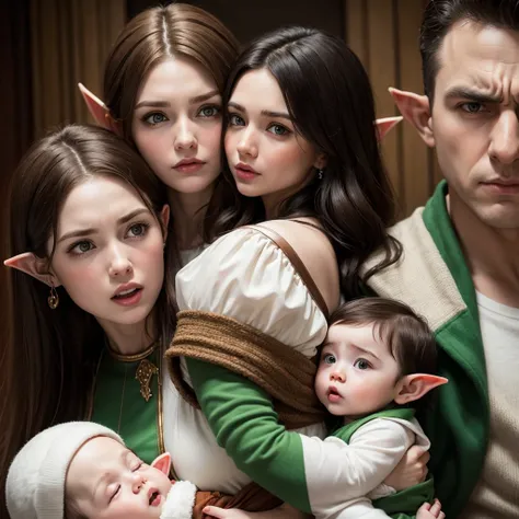 A white woman with brown hair holding an elf baby in her arms and in front of an angry elf man with black hair.