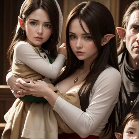 A white woman with brown hair holding an elf baby in her arms and in front of an angry elf man with black hair.