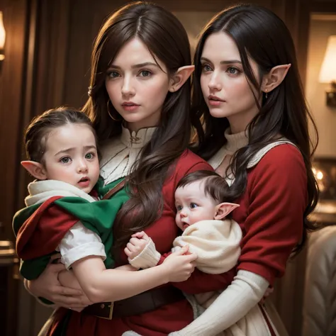 A white woman with brown hair holding an elf baby in her arms and in front of an angry elf man with black hair.