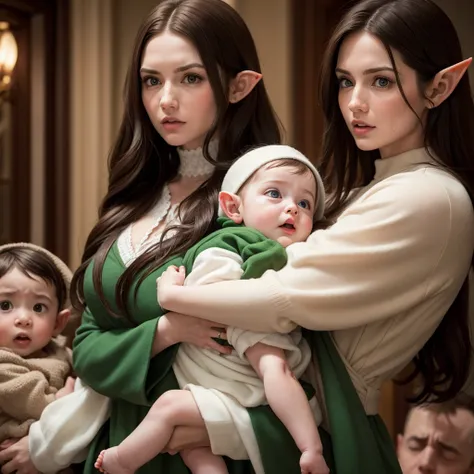 A white woman with brown hair holding an elf baby in her arms and in front of an angry elf man with black hair.