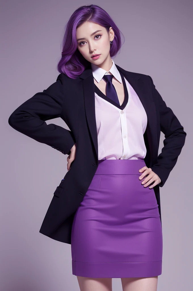 Reality, high resolution, 1 female, Hips up, beautiful eyes, purple gradient hair, Dark circles under eyes, Collared shirt,tie,Purple skirt, Pencil Skirt, Fur coat