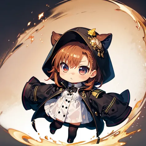 Black Trench Coat, Misaka Mikoto, (chibi:1.5), full body, Big Eyes, (masterpiece), highest quality