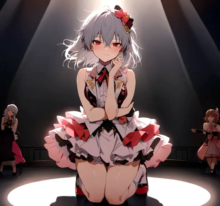 masterpiece, best quality, evangelion kaworu nagisa, kaworu nagisa, red eyes, seductive, hot, seductive face, cute, cheerful face, cute poses, (idol, on stage, spotlight, cute clothes, hair accessories, alot of accessories), center of attention