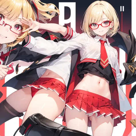 high quality，，Short Bob，Glasses，Blonde，high school girl，uniform（White shirt，Red tie），mini skirt，Red panties are visible from under the skirt，smile（1.2），Viewer&#39;s perspective，classroom，