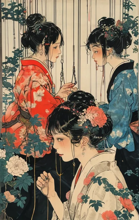 japanese line art    , two school girls in a garden tying each other up with chains and rope, knots, bdsm , floral damask background ,  in the style of  takato yamamoto   