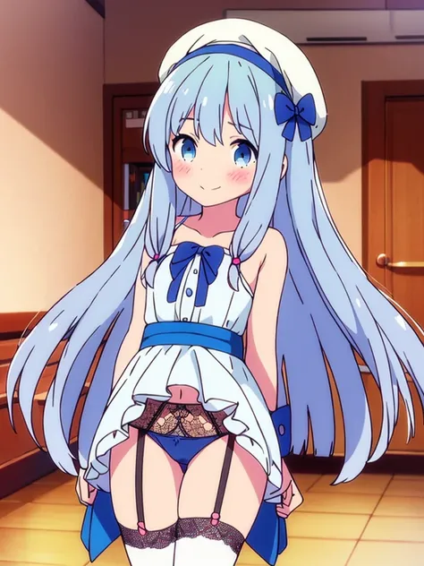 Beautiful cute girl with high quality ray tracing detail in underwear with stockings and garter belt with lace blue hair white blue eyes blush on cheeks in room 