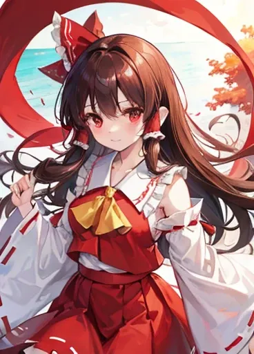 touhou project hakurei reimu　Shrine maiden　Brown Hair　Long Hair　Big red ribbon　１People Girl　Upper Body　