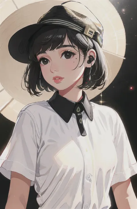 1girl, solo, hat, short hair, mole, black hair, lips, realistic, shirt, upper body, bangs, looking at viewer, earphones, black eyes