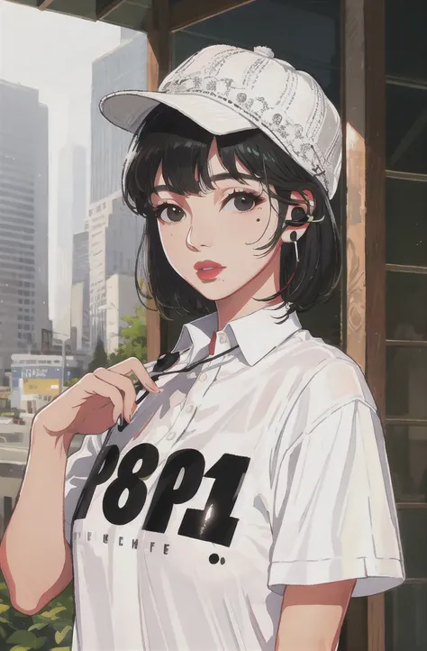 1girl, solo, hat, short hair, mole, black hair, lips, realistic, shirt, upper body, bangs, looking at viewer, earphones, black eyes