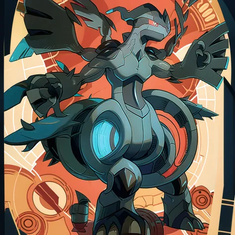 zekrom, solo, closed mouth, smile, red background, full body, standing, outstretched arms