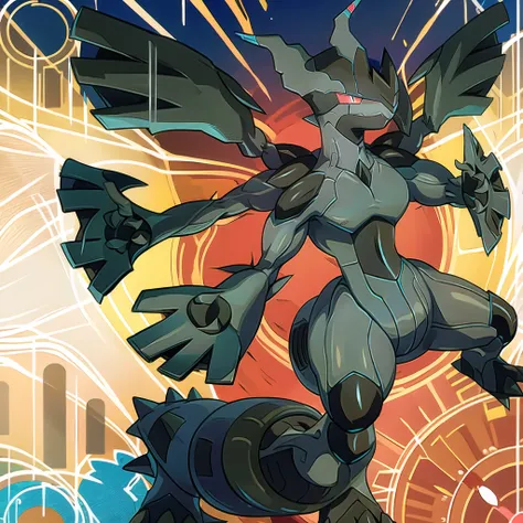 zekrom, solo, closed mouth, smile, red background, full body, standing, outstretched arms