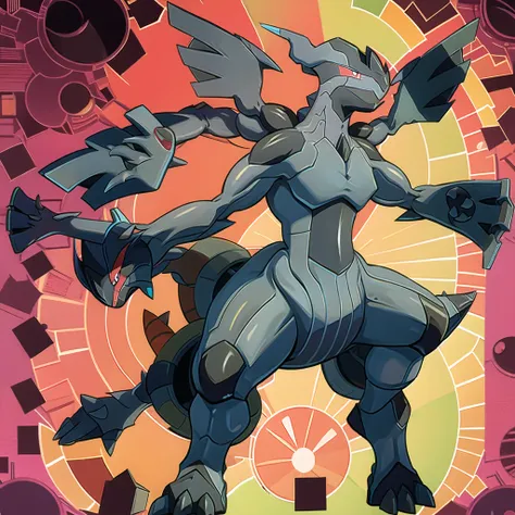 zekrom, solo, closed mouth, smile, red background, full body, standing, outstretched arms