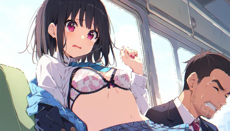 Crying girl with black bob hair、Small breasts、Blazer uniform、Floral Panties、Floral bra、Blue checked skirt、A middle-aged man is lifting up her skirt on the train、Chest up