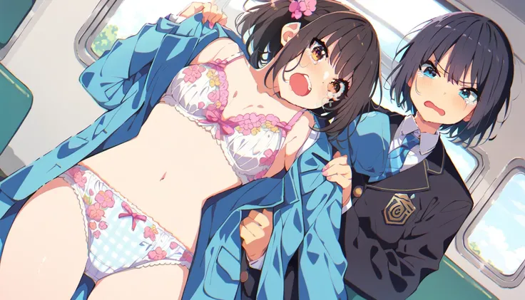 Crying girl with black bob hair、Small breasts、Blazer uniform、Floral Panties、Floral bra、Blue checked skirt、A middle-aged man is lifting up her skirt on the train、Chest up