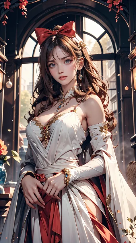 One girl, length_hair, bright_hair_color, Fascinating_eye, mysterious_Performance, mature_exterior, glamorous_Costume, Flowing_dress, elegant_jewelry, Complex_Decoration, magic_symbol, Shine_accessories, Portion, Scroll, cute_accent, bow, ribbon, Flowers,